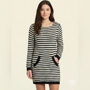 KATSUMI Cream & Black Stripe Long Knit Sweater Dress Size Small Pockets